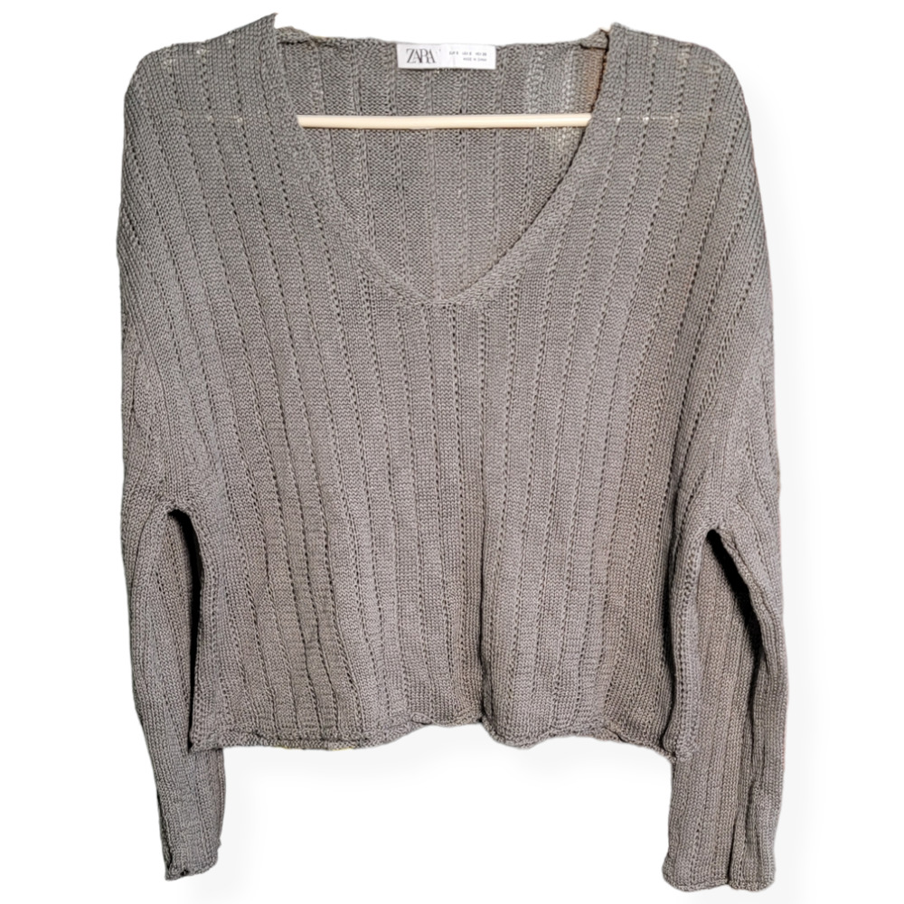 ZARA Green Knitted V-neck Jumper Cropped Sweater Size Small